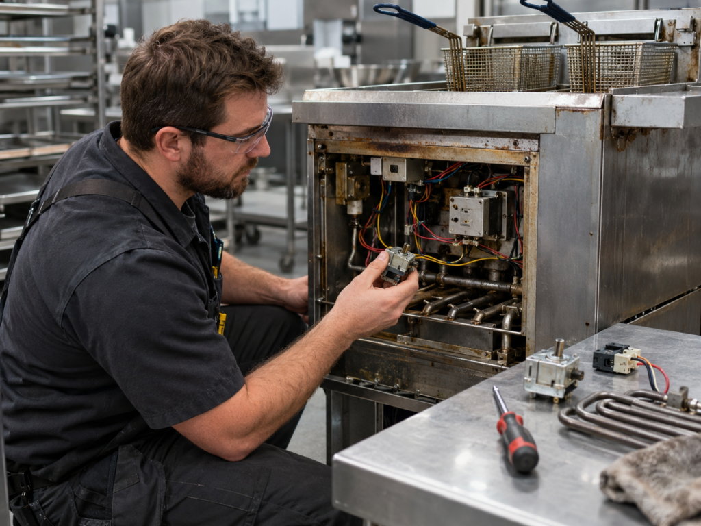 Maintenance technician inspecting internal wiring and replacing OEM parts on a commercial deep fryer to support wholesale clients