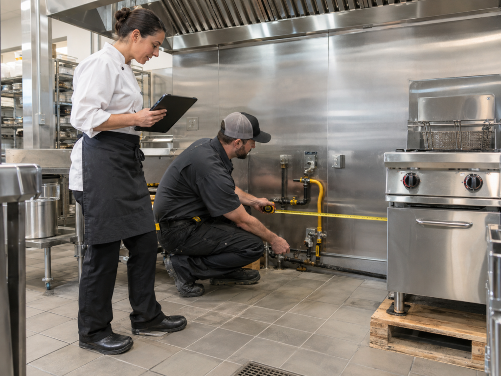 Technician using a tape measure for gas line installation planning alongside a manager with a tablet during restaurant equipment procurement