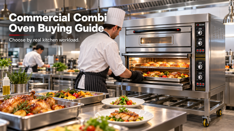 Chef pulling a tray of roasted food from a stainless steel commercial combi oven in a professional kitchen setting