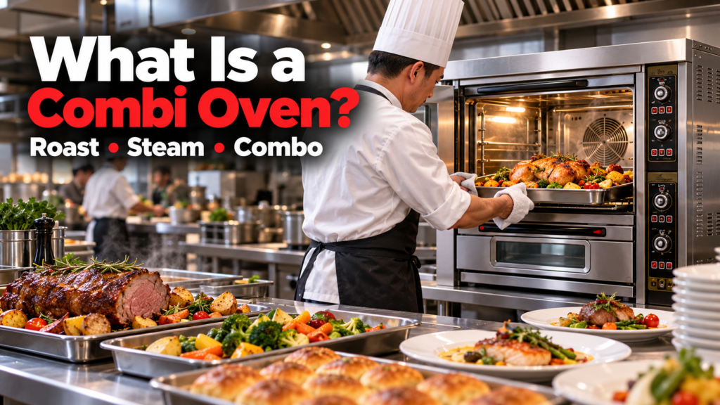 Chef using a commercial combi oven to roast and steam large food volumes for restaurant kitchen procurement.