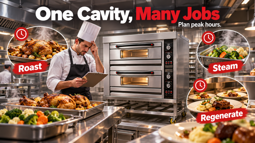 Chef planning peak hour production using a multi function commercial combi oven for roasting steaming and regenerating.