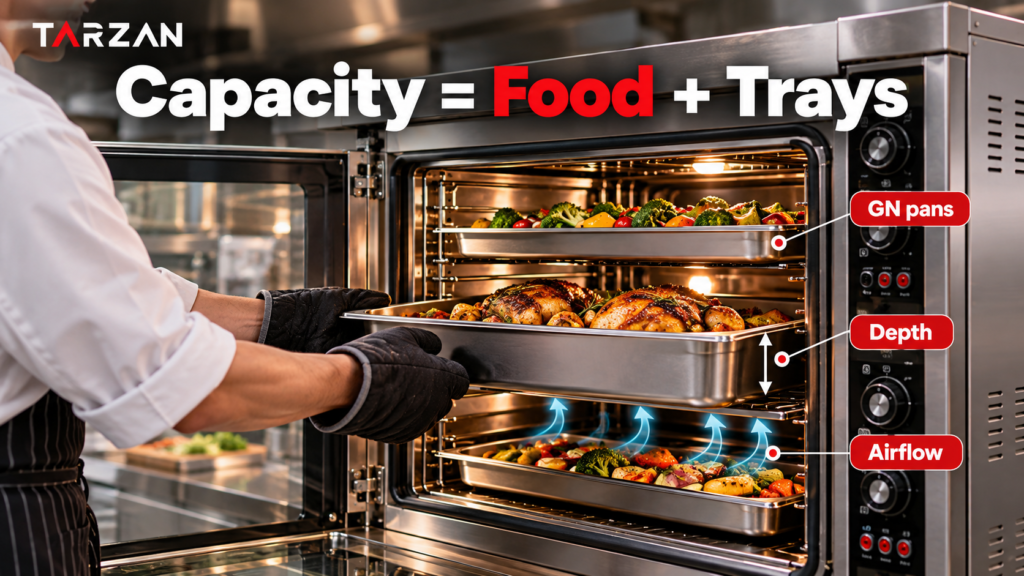 Chef loading deep GN pans into a commercial oven illustrating usable capacity and airflow for OEM buyers.