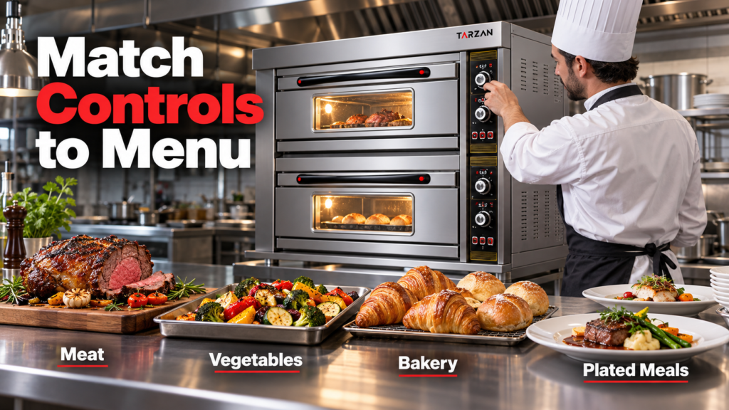 Chef adjusting manual dial controls on a commercial double deck oven for baking roasting and plated meals.