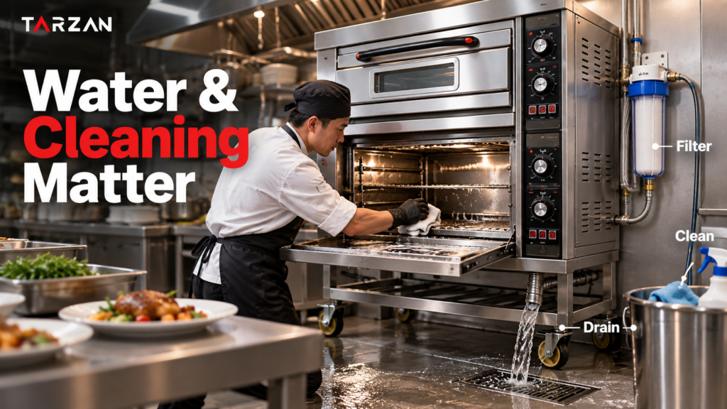 Chef cleaning a commercial combi oven highlighting water filter and drain requirements for wholesale equipment maintenance.