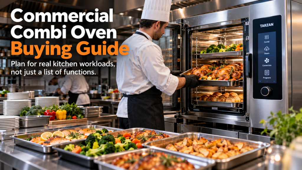 Chef loading roasted food into a touchscreen commercial combi oven for a wholesale equipment procurement and OEM buying guide